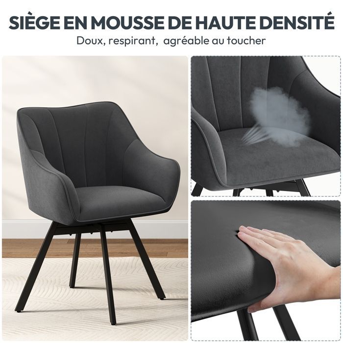 Silla de comedor giratoria Yaheetech, silla de cocina con ruedas, asiento de terciopelo y patas de metal gris oscuro.