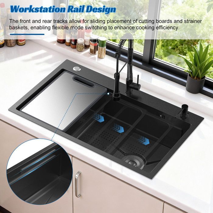 FIANAO Inbouw RVS Spoelbak – Enkele Kom 75 cm – Krasbestendig – Stille Werking – Snelle Afvoer – Snijplank en Zeef