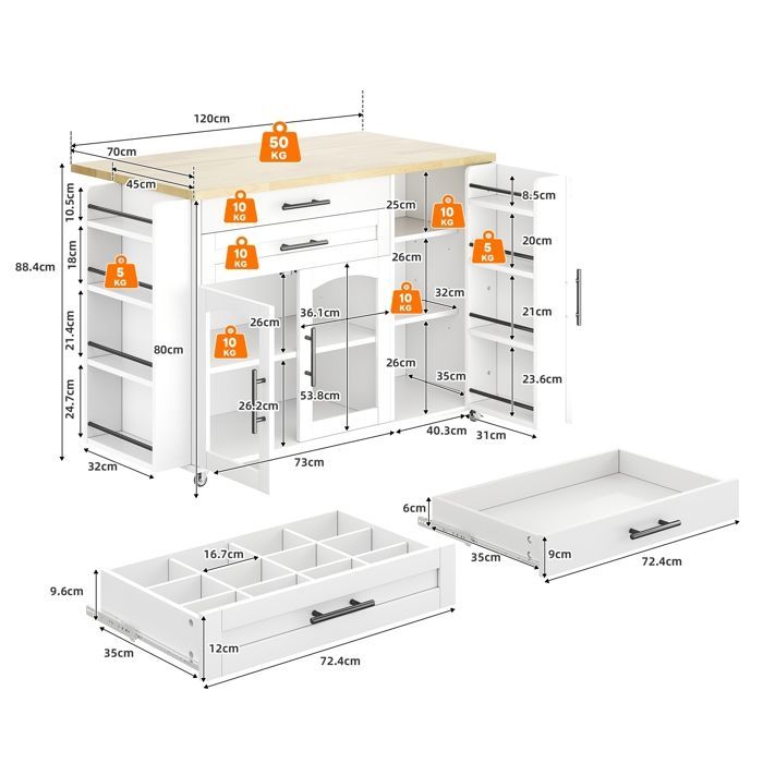 Isla de cocina móvil con encimera plegable, carrito de cocina, 5 ruedas, especiero, 2 cajones, 120x45(70)x90cm, blanca
