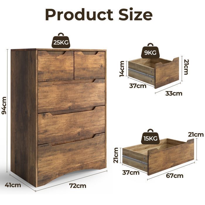 Cassettiera - Bealife - 5 cassetti - Cassettiera per camera da letto - Marrone - 72x41x94 cm