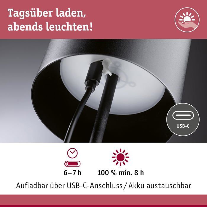 Lampe à poser - Paulmann Tuni - LED rechargeable - IP44 - Noir mat - 2,8W