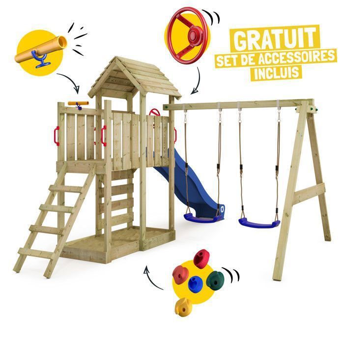 WICKEY MultiFlyer houten speeltoestel met houten dak, dubbele schommel en glijbaan van 220 cm, antraciet – 10 jaar garantie*