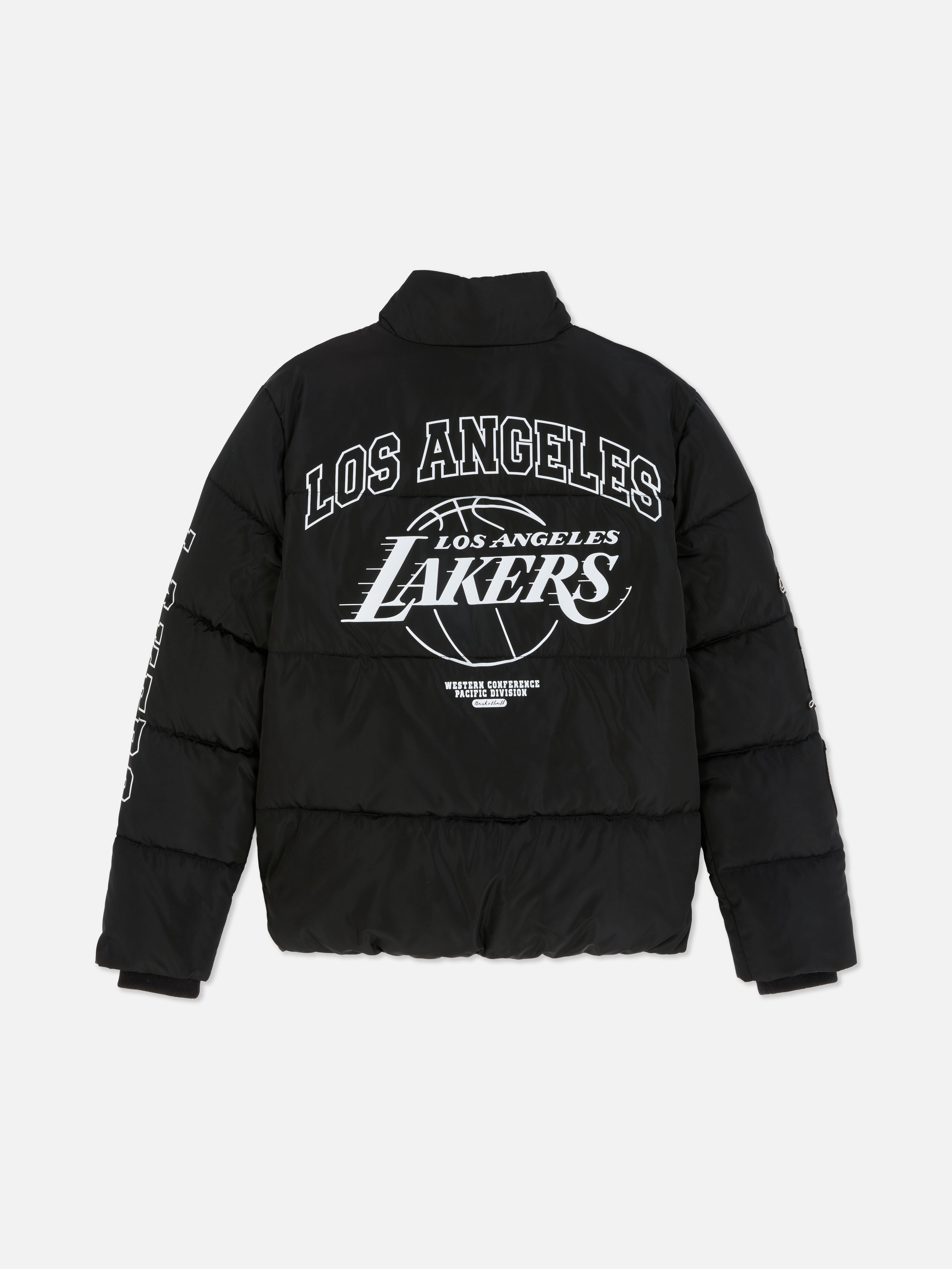 Jachetă NBA Los Angeles Lakers Puffer Jacket matlasat Lakers cu fermoar, guler ridicat, manșete cu nervuri și embleme ale echipei