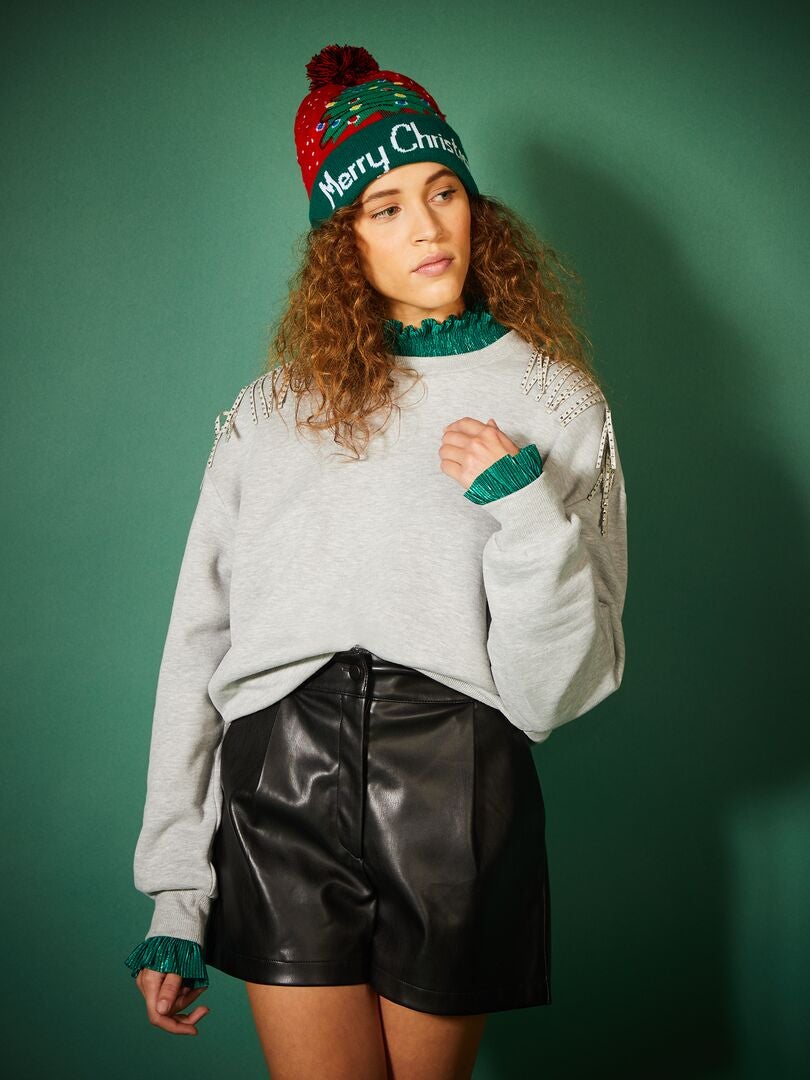 Sweatshirtjurk van zachte stof met franjes van strasssteentjes - GRIJS