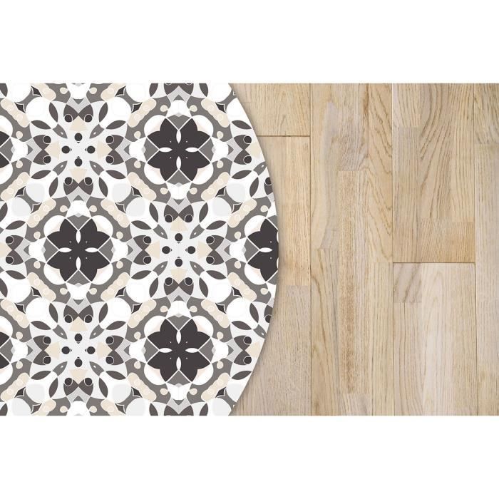 Alfombra redonda panorámica de vinilo con estampado de mosaico hidráulico oriental, gris, 100x100 cm - Alfombra de PVC para cocina, oficina y sala de estar.