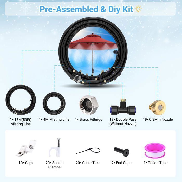 22M Outdoor Misting System, 19 Brass Nozzles for Patio, Parasols, Garden, Trampoline Cooling