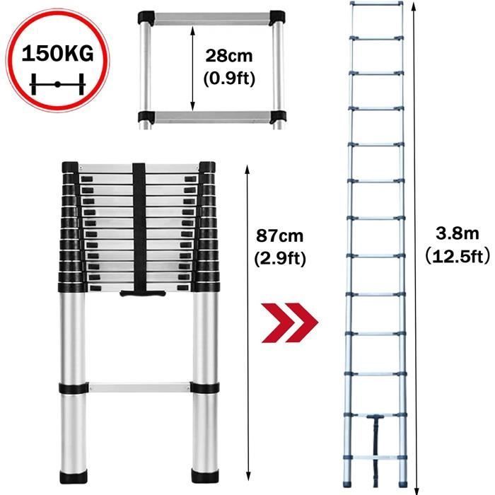 3.8M-12.5FT Telescopic Stainless Steel Ladder with 13 Steps, Portable Folding Ladder, Retractable Ladder