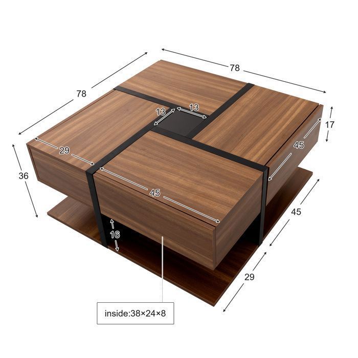 Square coffee table with 4 storage drawers, modern design, living room furniture, 78x78x36cm, natural wood