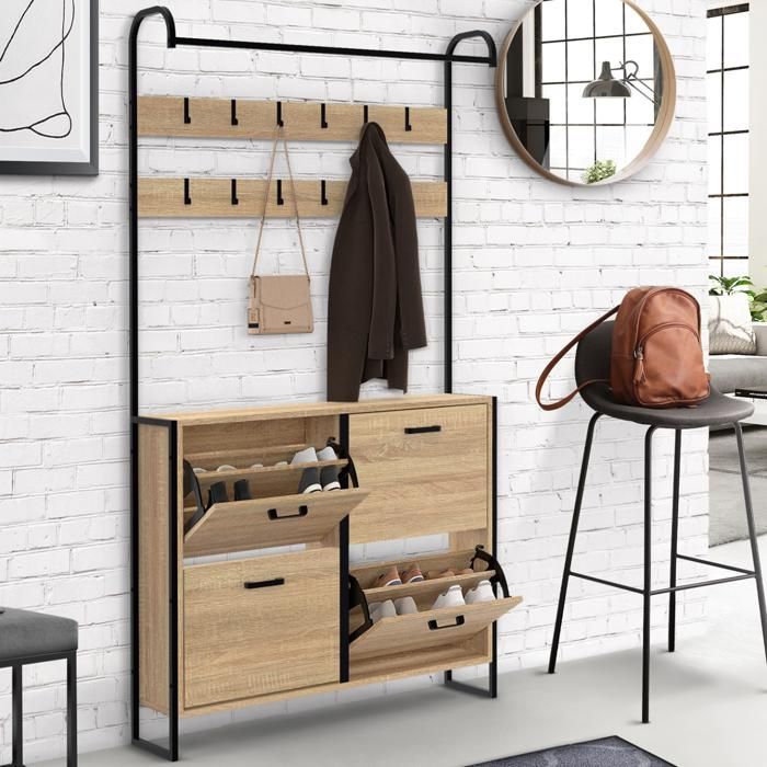 IDMARKET Vestiaire d'entrée LUIS meuble chaussures 4 portes design industriel