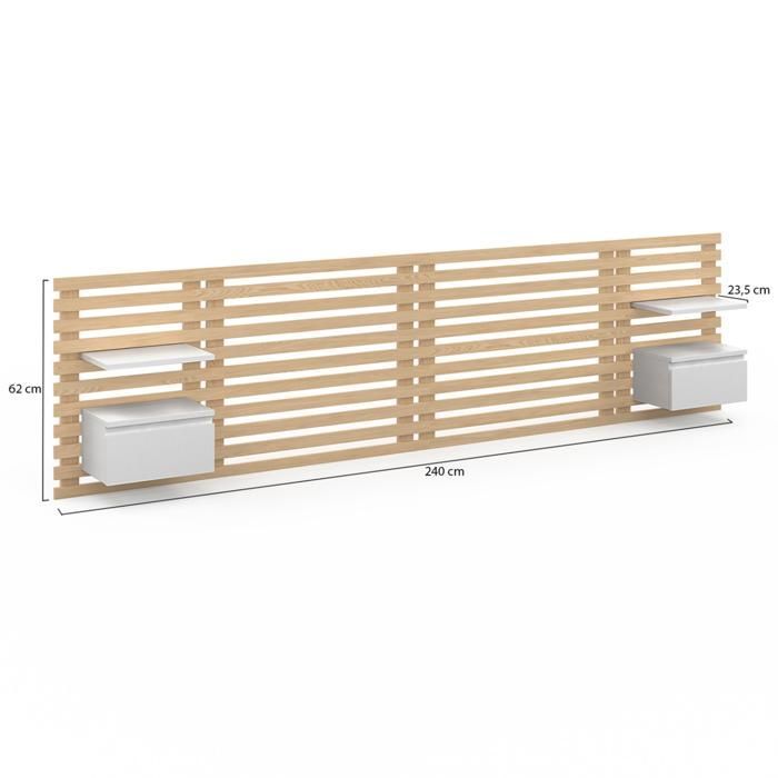 IDMARKET Tête de lit suspendue en lattes AVA 240 cm avec chevets + tiroir façon bois clair et blanc
