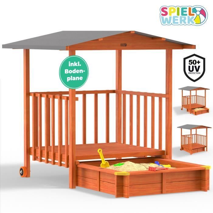 Spielwerk Bac à sable en bois d'épicéa MERLE 130x143cm aire de jeux cabane protection UV jeu pour enfants extérieur jardin