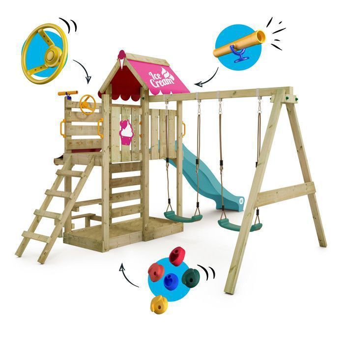 Zona de juegos de madera WICKEY VanillaFlyer con columpio doble, tobogán rosa pastel y mesa de picnic – 10 años de garantía*