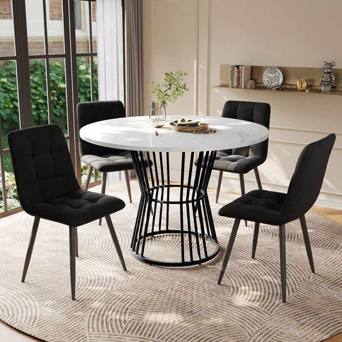 Ensemble table à Manger 5 Pièces - Set de Table et Chaises - Table Ronde Marbre 100cm + 4 Chaises Velours Gris - Moderne et Élégant
