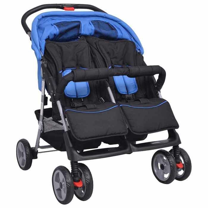 Double stroller - vidaXL - Steel - Blue and black - Adjustable backrest - Lockable wheels