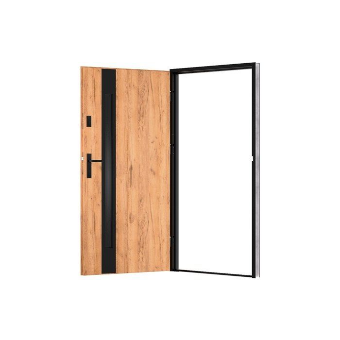 Puerta frontal de acero macizo y acero inoxidable, 207 cm de alto x 100 cm de ancho - cristal ahumado - efecto roble y negro - 55 mm de espesor - apertura a la izquierda - BRAGA