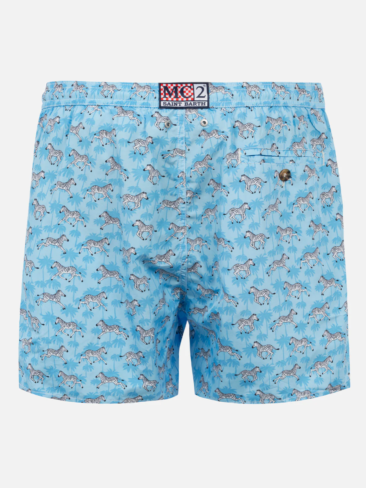 Calção de banho masculino leve com estampa de zebra.