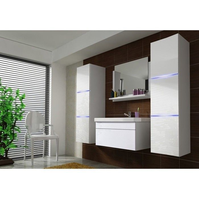 Ensemble meubles de salle de bain blanc, collection RAVEN. 2 colonnes, miroir, meuble sous vasque, vasque 80cm, siphon et leds