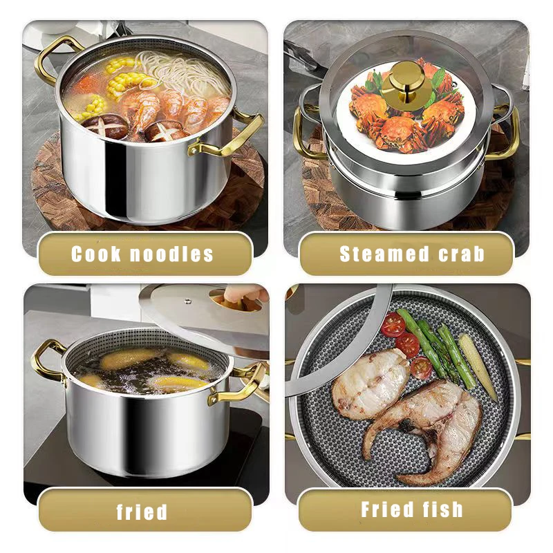 Casserole en acier inoxydable 304, revêtement antiadhésif alvéolé, couvercle inclus, compatible avec les plaques à induction, les cuisinières à gaz et toute autre poêle à frire.
