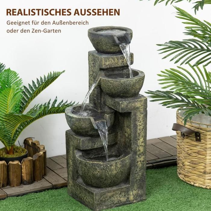 Fontaine de jardin avec 4 débits réglables, élément décoratif et cascade pour jardin et bassin, en résine.
