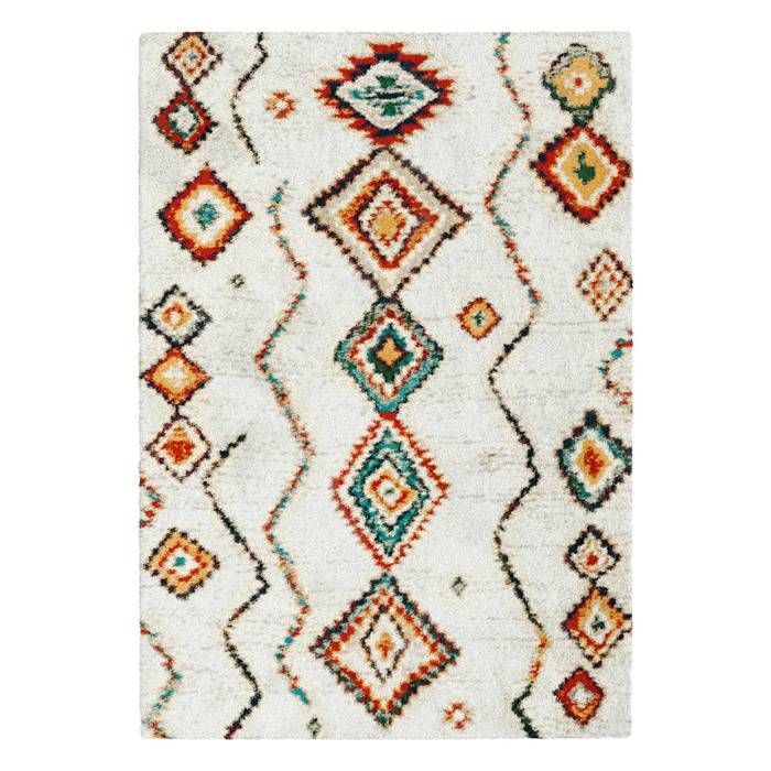 Alfombra de interior de pelo largo. Estilo bereber. Pelo largo. Color crema y multicolor. 200 x 290 cm.