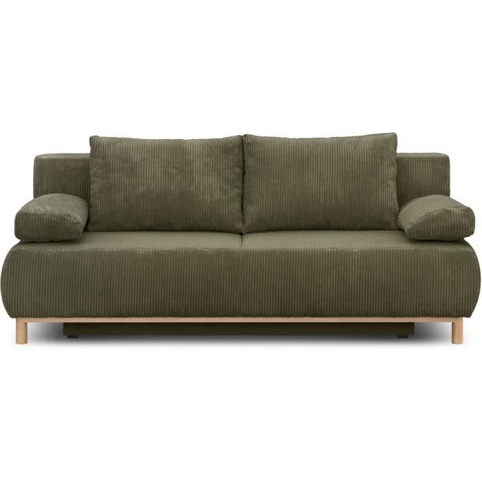 Sofá conversível de 3 lugares - MIKA - Veludo cotelê verde cáqui - Compartimento de armazenamento - L 192 x A 84 x P 93 cm