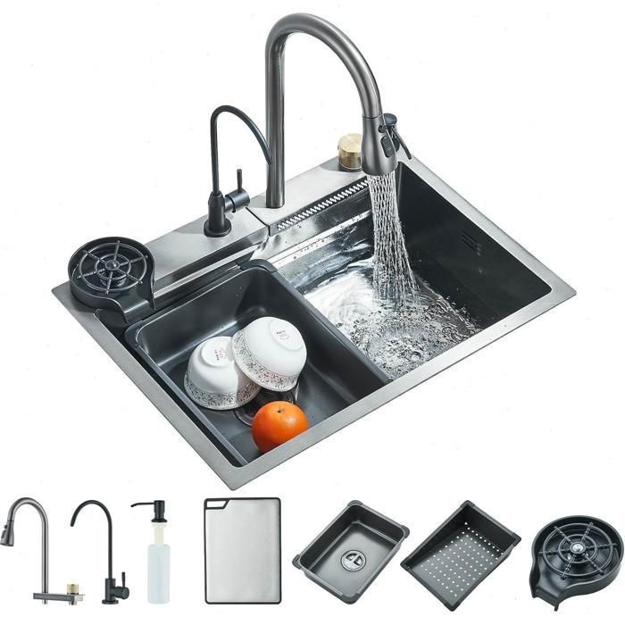 Évier de Cuisine Cascade Multifonction Acier inoxydable Évier Simple avec Robinet Extensible Grand Cuve 1 Bac 60 * 45 * 21 CM,Noir
