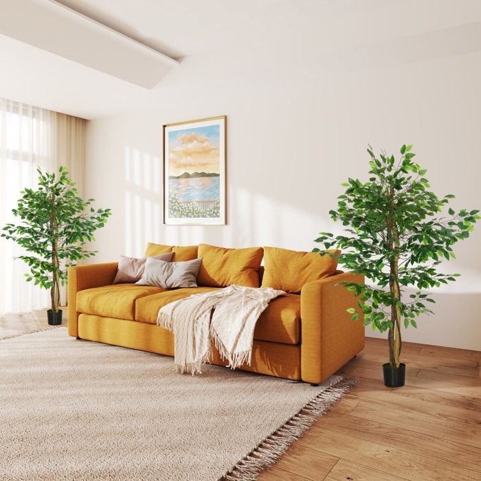 Conjunto de 2 plantas artificiales - ficus, 1,50 m de altura - tronco, ramas, enredaderas, líquenes y hojas realistas, maceta incluida, verde