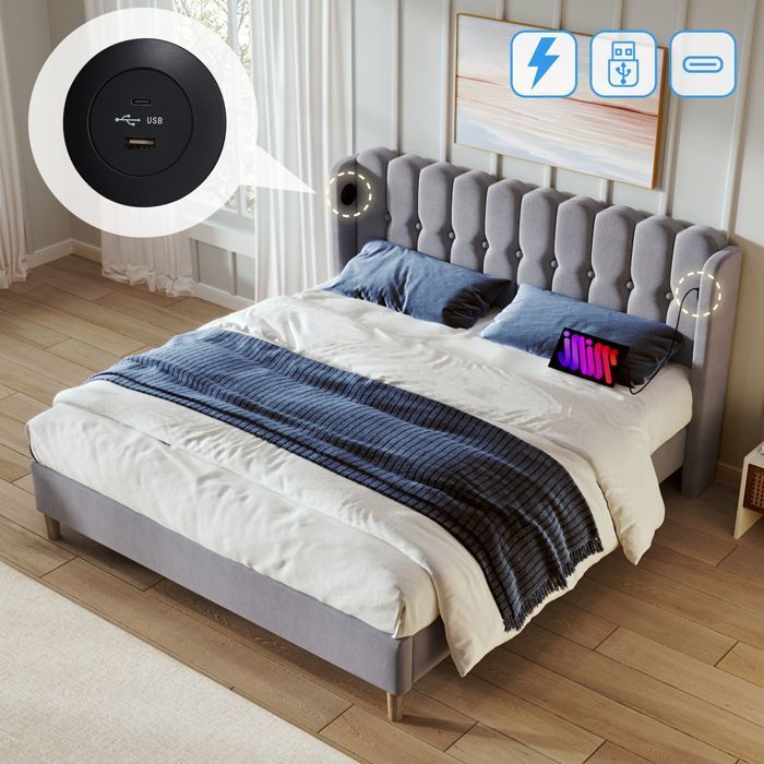 Lit double 140x200 cm Lit adulte 2 personnes Lit capitonné avec chargeur USB Type C, cadre de lit avec sommier à lattes, lin, gris