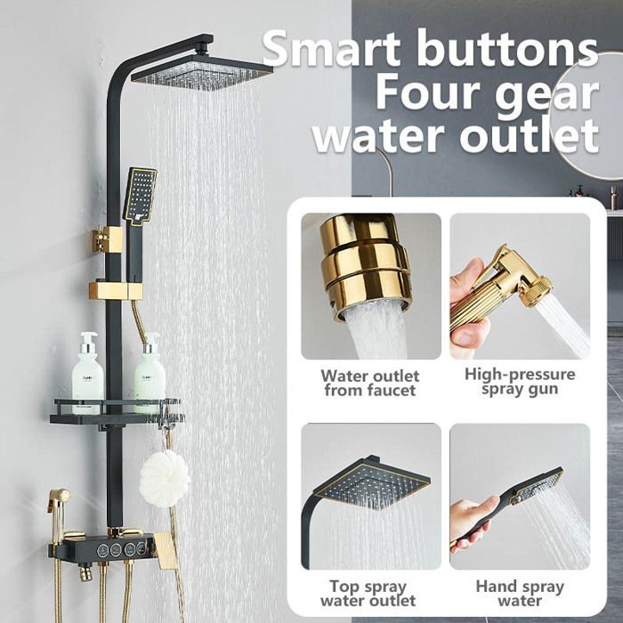 Coluna de chuveiro preta e dourada, com altura ajustável, misturador para chuveiro com ducha manual e ducha fixa.