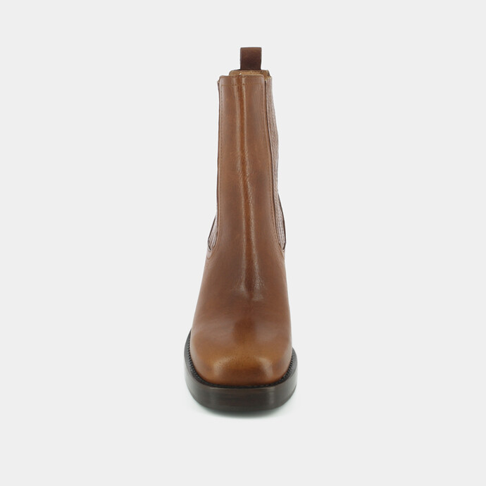 Boots à talons épais, bouts carrés et élastiques  en cuir cognac