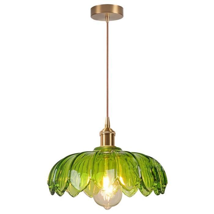 iDEGU Lustre Vintage Vert,Lampe de Plafond Vintage Abat-jour en Verre Design Fleurs E27 Suspension Luminaire Style Nordique,25cm