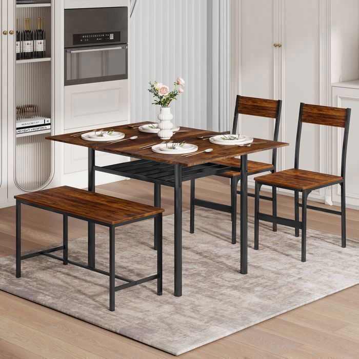Dining Table Set with 2 Chairs and Bench, 4-Piece Dining Room Set, Extendable Dining Table, Brown