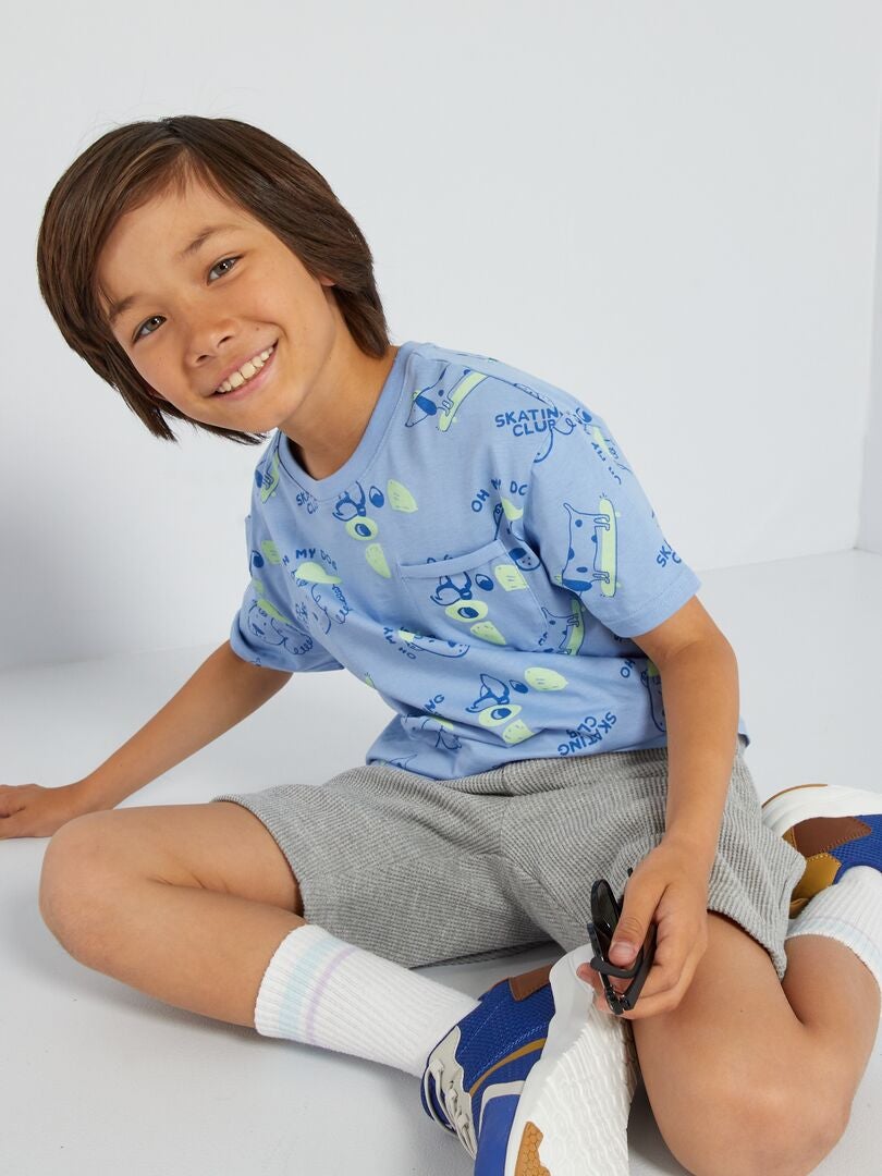 Bedrukt T-shirt met borstzak - BLAUW