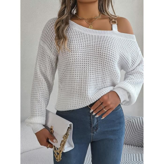 Pull Femme En Tricot Epaule Dénudée Automne Hiver Casual Pullover Lâche Manches Longues Couleur Unie Confortable