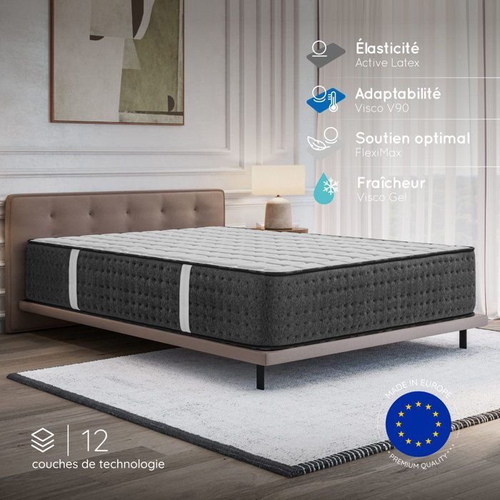 Colchón EQUINOX Premium 180x200 cm - 32 cm - Espuma viscoelástica de alta resiliencia de 35 kg y látex azul - 7 zonas - Confort extra firme