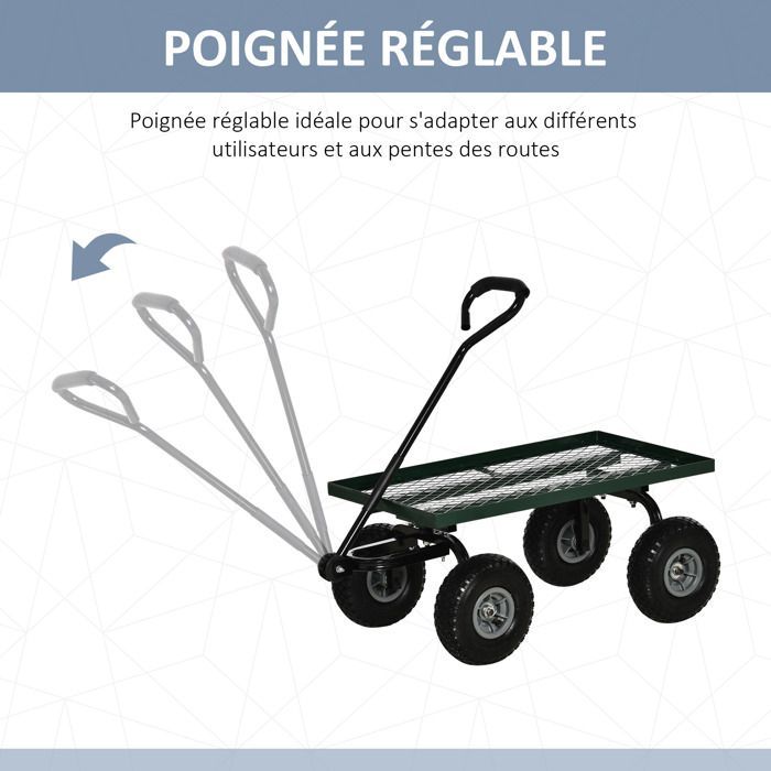 Carro de transporte para jardín - Outsunny - remolque de mano, carro de mano de 4 ruedas, capacidad de carga de 150 kg - metal - 94x48x100cm - verde