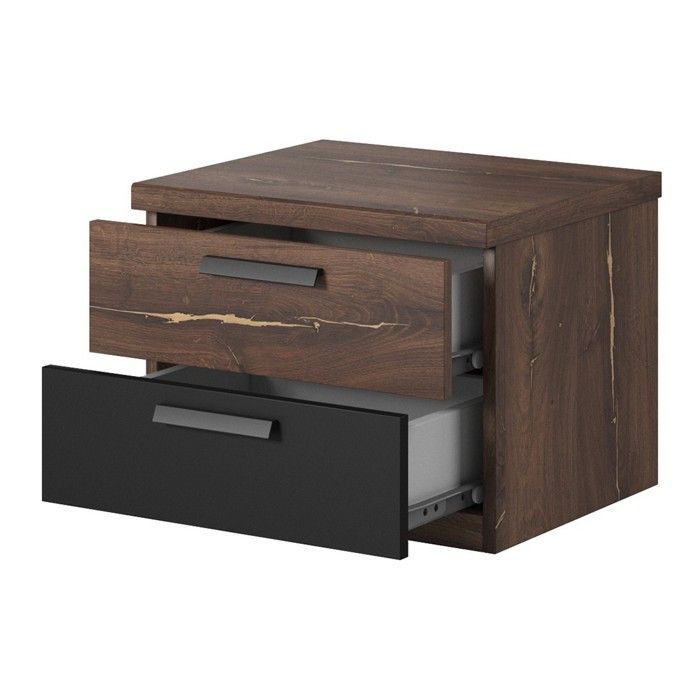 Chambre complète FOX – Lit coffre 180x200, sommier inclus, Armoire, Commode, Chevets – Chêne foncé