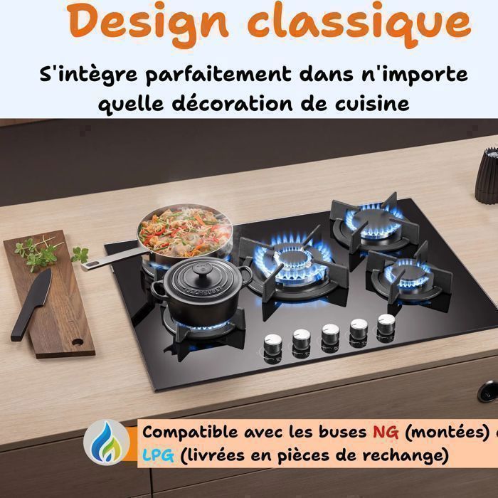 Gas hob - 70 cm wide - 10400 W - 5 burners - Tempered glass - Thermocouple safety - Gas hob