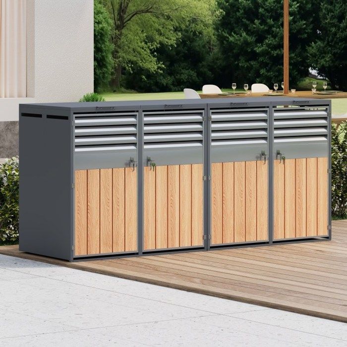 Cache-poubelle - LANGTU - XL 4 conteneurs - Acier galvanisé - Couvercle à vérin - Effet bois gris