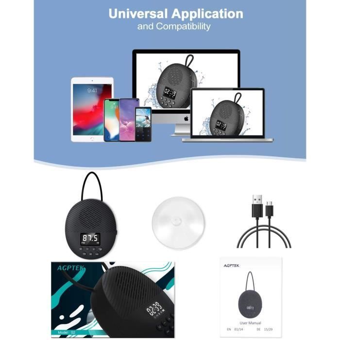 Enceinte Bluetooth 5.0 AGPTEK - Portable Radio de Douche Etanche IPX5 - Lanière et Ventouse - Autonomie 12h