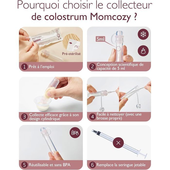 Momcozy Collecteur de lait réutilisable 6x5ml sans BPA, avec étui et lingettes Solution hygiénique et portable pour l'allaitement