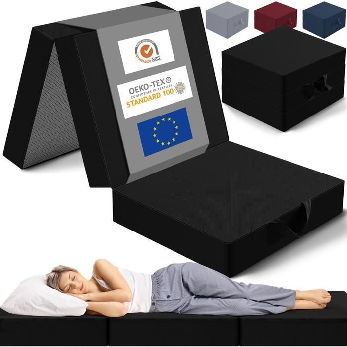Matelas Futon Pliable INRE 75x195x15 cm - Noir - Mousse Polyuréthane - Confort 1 Personne