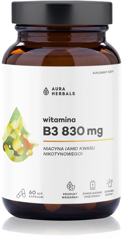 Aura Herbals B3 vitamīns 830 mg niacīna uztura bagātinātāja kapsulas nervu sistēmas pareizai darbībai