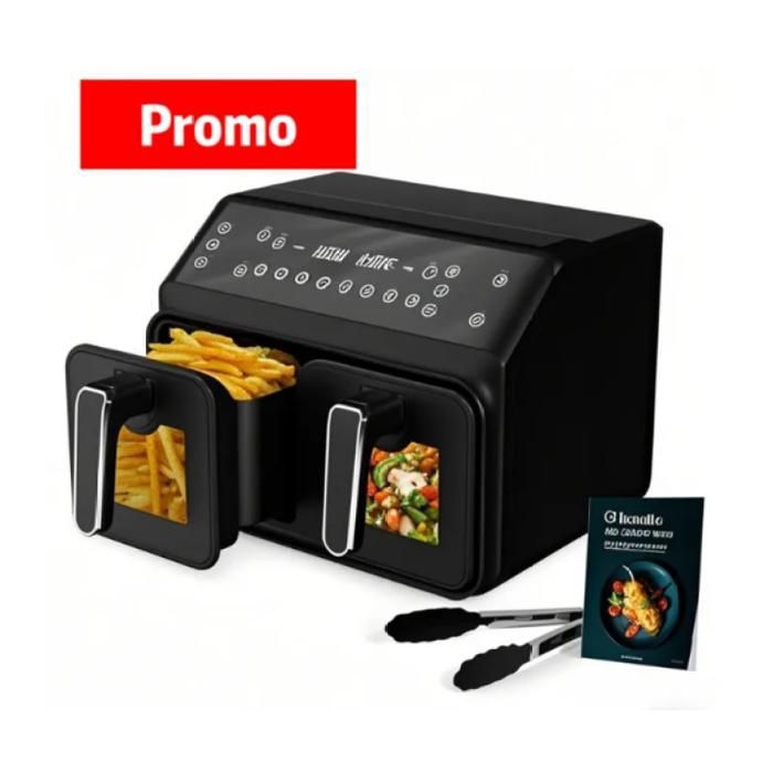 Freidora de aire de 8 litros, 2200 W, doble zona, 10 programas, aire caliente a 360°, más rápida que un horno tradicional, freidora eléctrica negra.