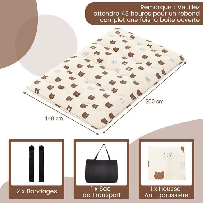 Colchón futón japonés COSTWAY 140x200CM - Cubrecolchón extraíble, colchón plegable para suelo - Hogar, autocaravana, dormitorio - Oso marrón