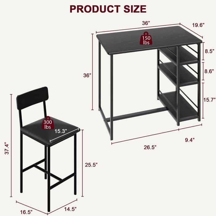 Bar table and stool set, with 1 table and 2 upholstered chairs, kitchen table with 3 shelves, Black