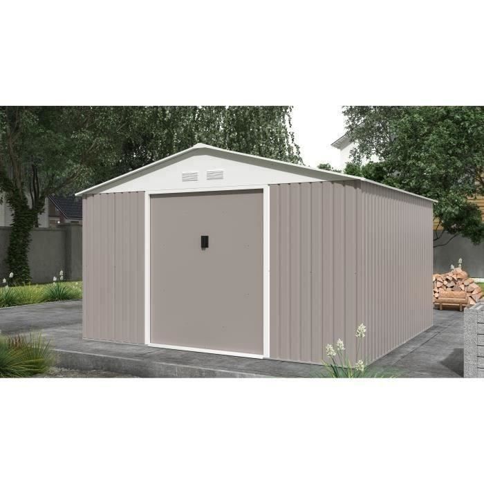 Metalen tuinschuur 10,85 m² - 340 x 319 x 210 cm - JUPITER - Inclusief verankeringsset, 2 schuifdeuren - Taupe