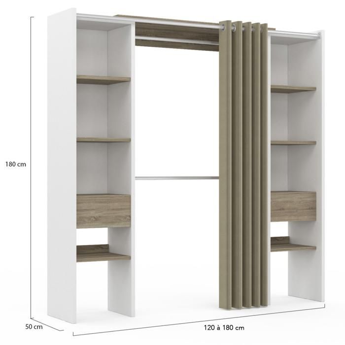 IDMARKET Dressing extensible double MERYL 120/180 x 50 x 180 cm blanc avec étagères hêtre + double penderie + rideau taupe