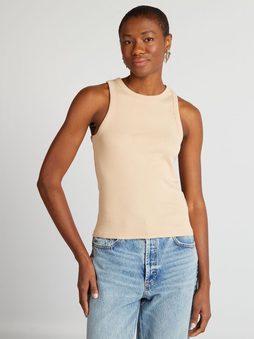 Geribbelde haltertop - BEIGE