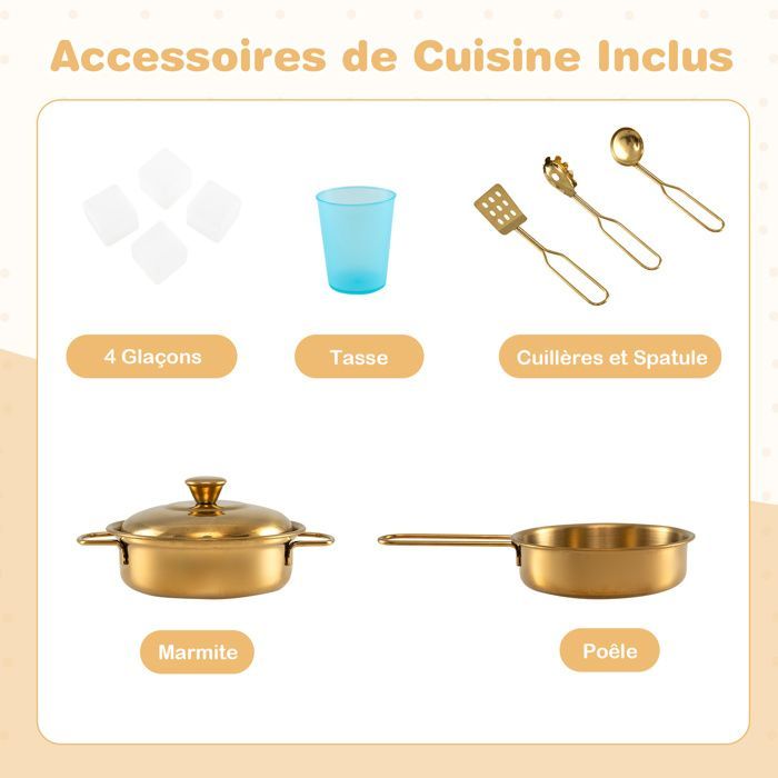 Cocina de juguete de madera COSTWAY para niños de 3 a 6 años con teléfono, pizarra, microondas, máquina de hielo y 7 accesorios - Beige